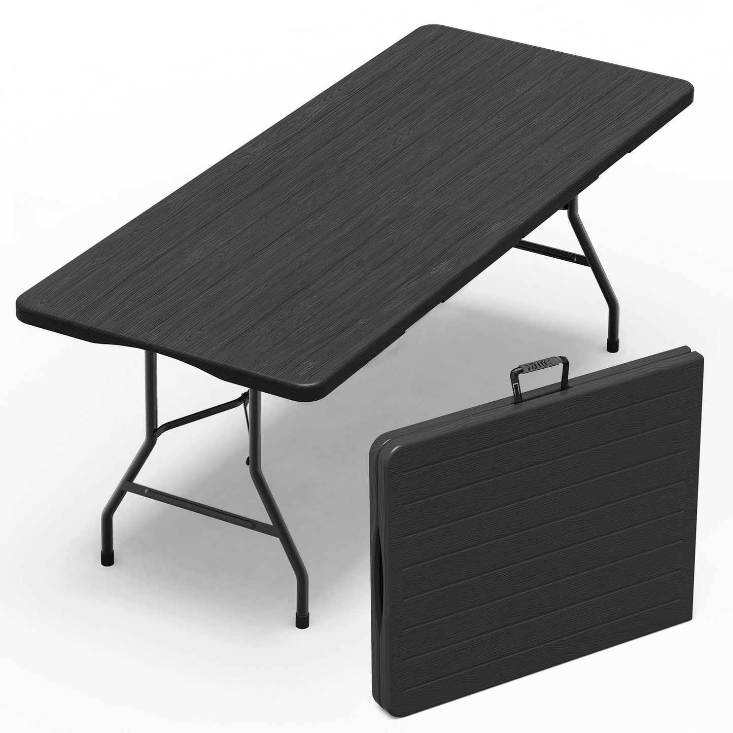 VSOAEIL Folding Table 6 Foot for Indoor Outdoor, Portable Heavy Duty Fold-in-Half Utility Plastic Foldable Dining Table with Carrying Handle for Picnic, Camping and Party, Matte Black
