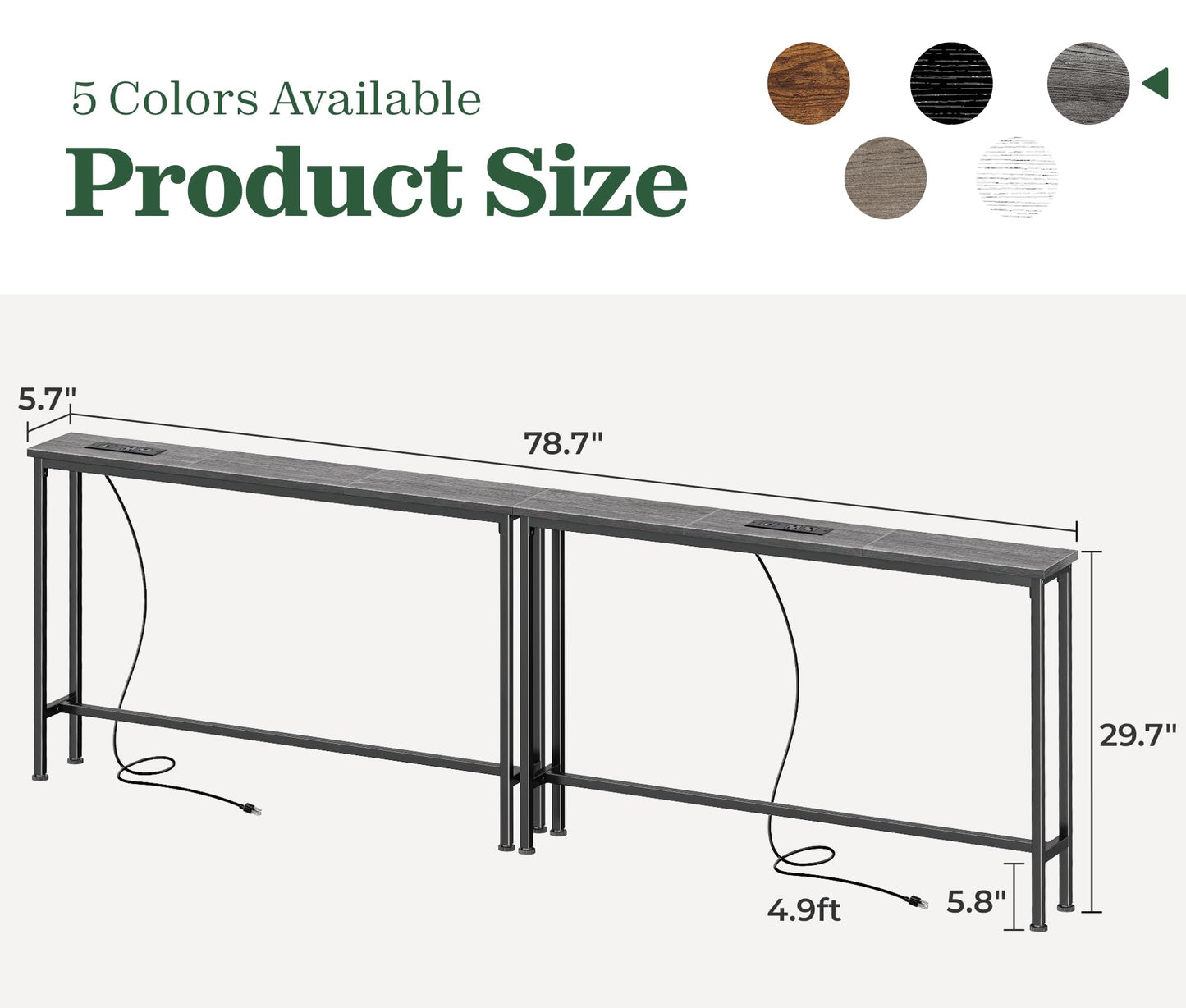SUPERJARE 78.8 Inch Narrow Console Table with Outlet, Sofa Tables, Behind Couch Table, Long Entryway Tables with Charging Station, for Living Room, Charcoal Gray