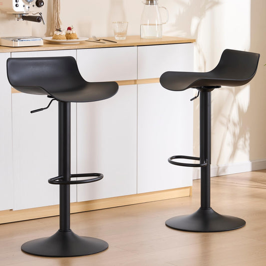 YOUNIKE Black Adjustable Height Bar Stools Set of 2 Plastic Swivel Barstool with Low Back Modern Kitchen Counter Island Bar Chairs for Breakfast Nook Cafe Bars Office