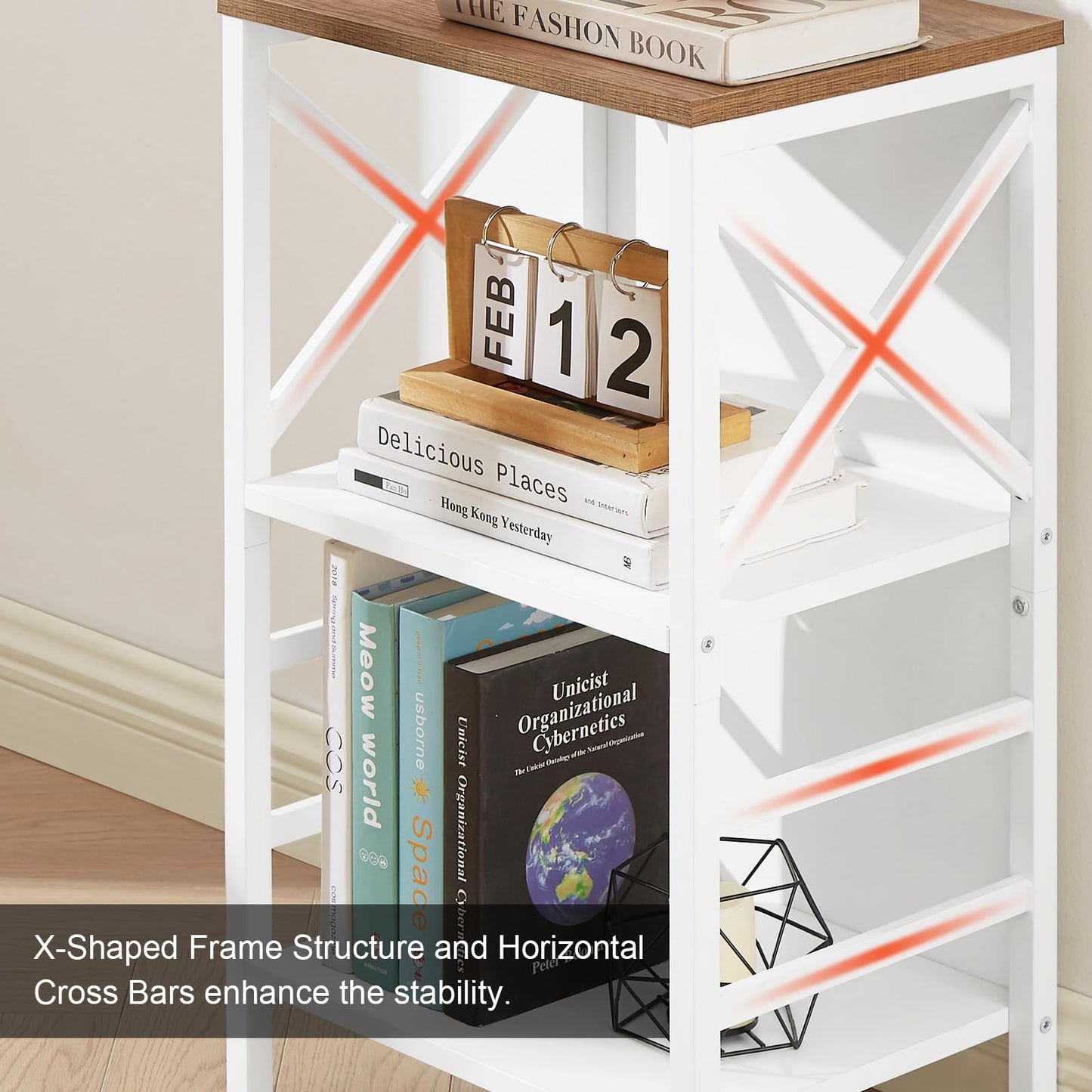 MNEETRUNG Small Bookshelf,3 Tier Industrial Bookcase with Metal Frame and Backboard,Low White Book Shelf,Book case for Small Spaces,Living Room,Bedroom and Home Office