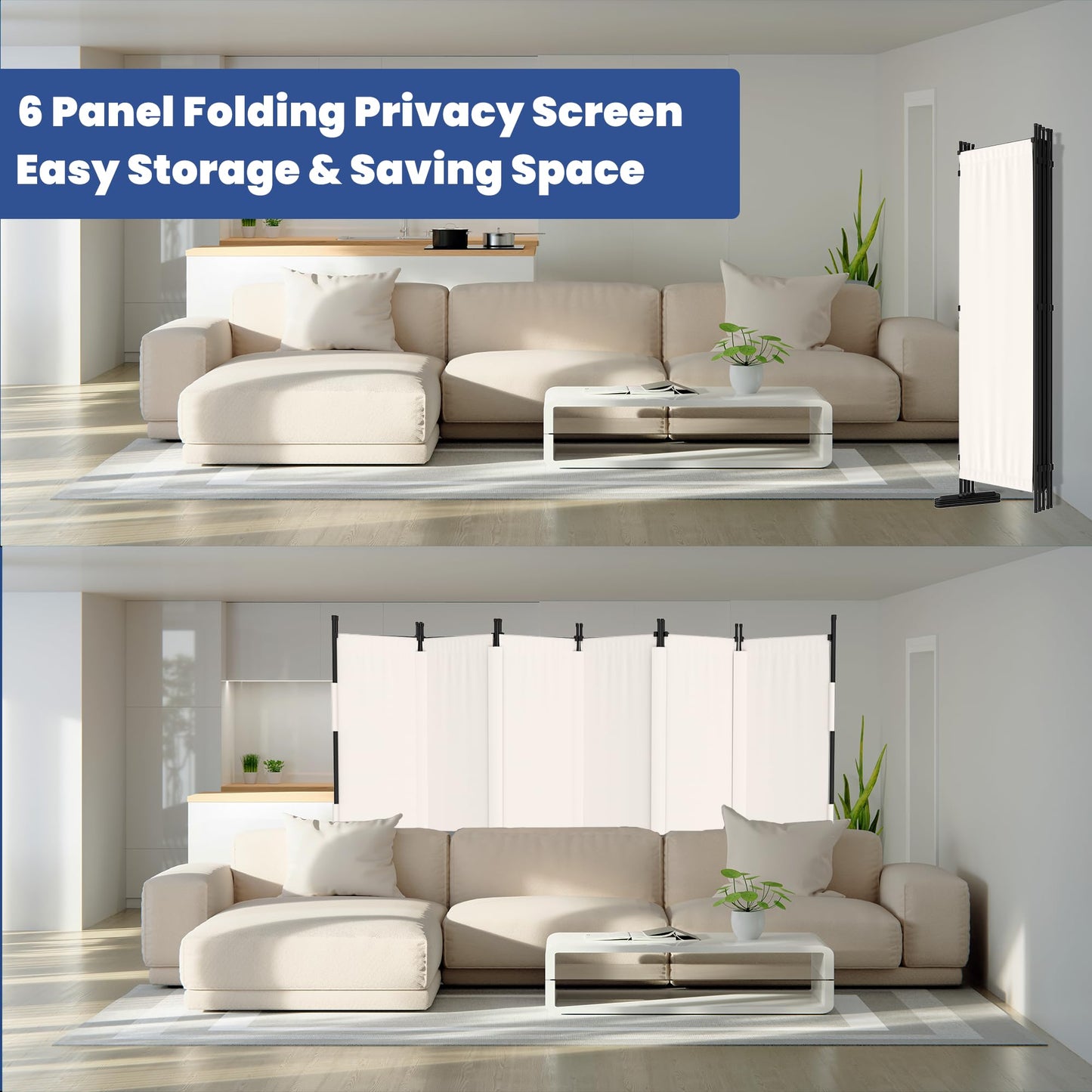 Phonjoroo Room Divider, 6 Panel Upgraded Folding Privacy Screen, 132” Highly Secretive Separation with 4 Metal Feet, Partition Screen, Lightweight Freestanding Wall Divider Bedroom (White)