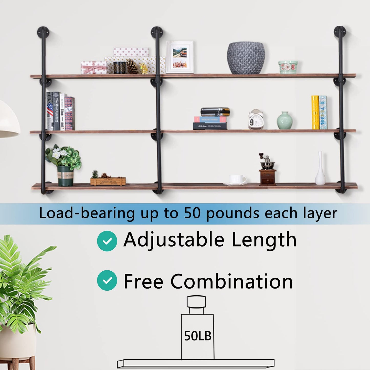 Pynsseu Industrial Iron Pipe Shelving Brackets Unit, Farmhouse Wall Mounted Pipe Shelves for Kitchen Bathroom, DIY Bookshelf Living Room Storage, 3Pack of 4 Tier