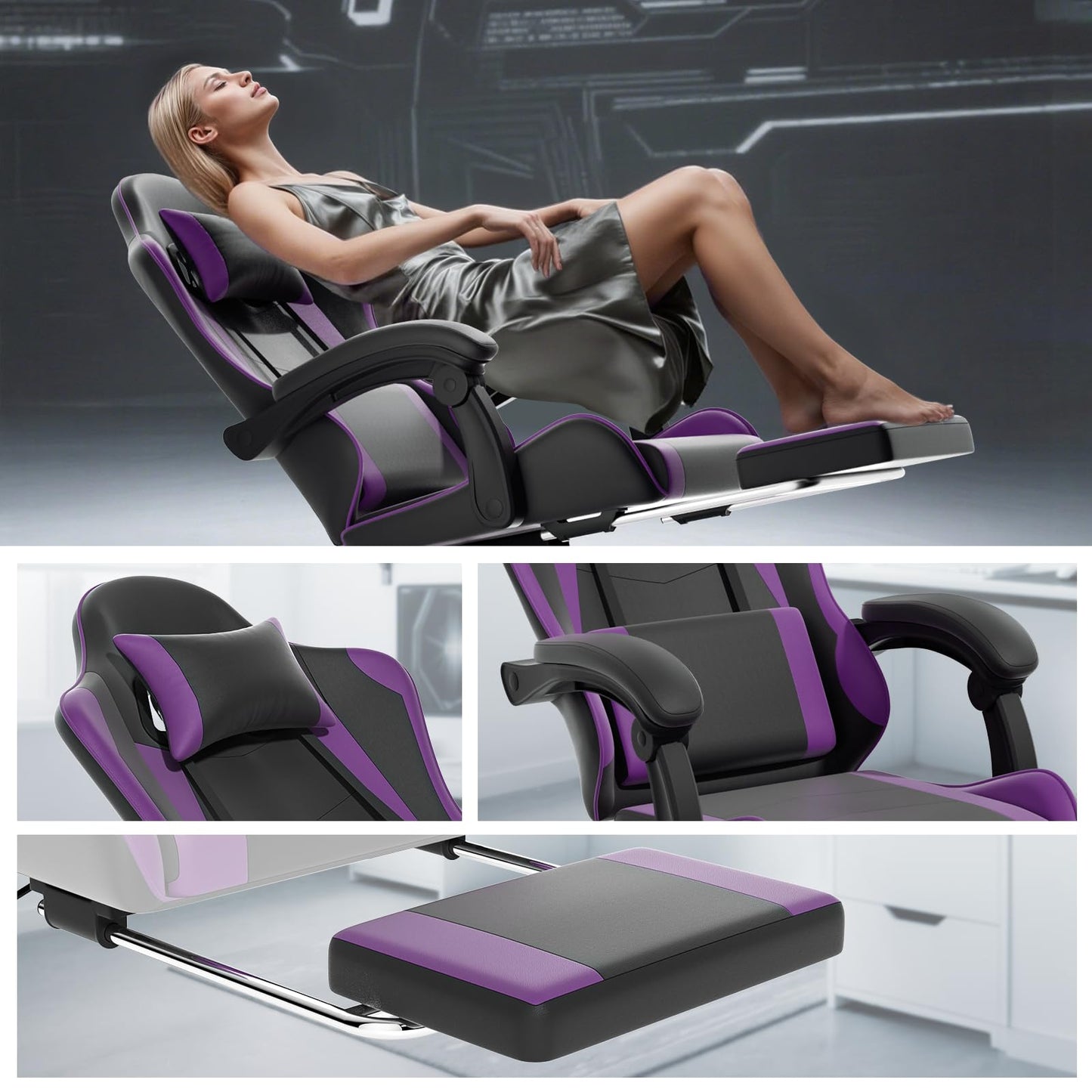 Athena Collection Gaming Chair, Ergonomic Gaming Chair with Footrest & Headrest Lumbar Support, Height Adjustable Swivel Computer Chair Office Chair for Adults(Purple)