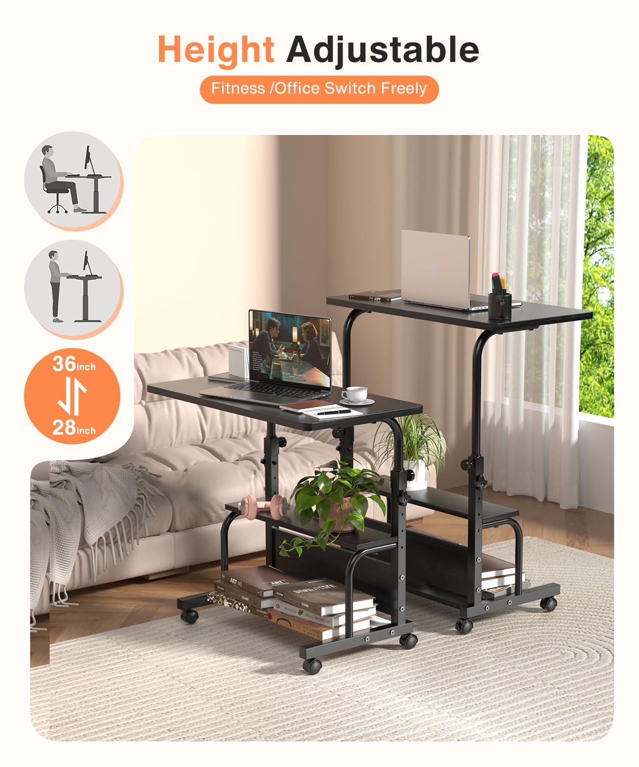 QZMDSM Portable Rolling Desk on Wheels Adjustable Height Desks for Small Spaces, 32" Computer Desk Drafting Tables with Storage Shelves for Home Office Black