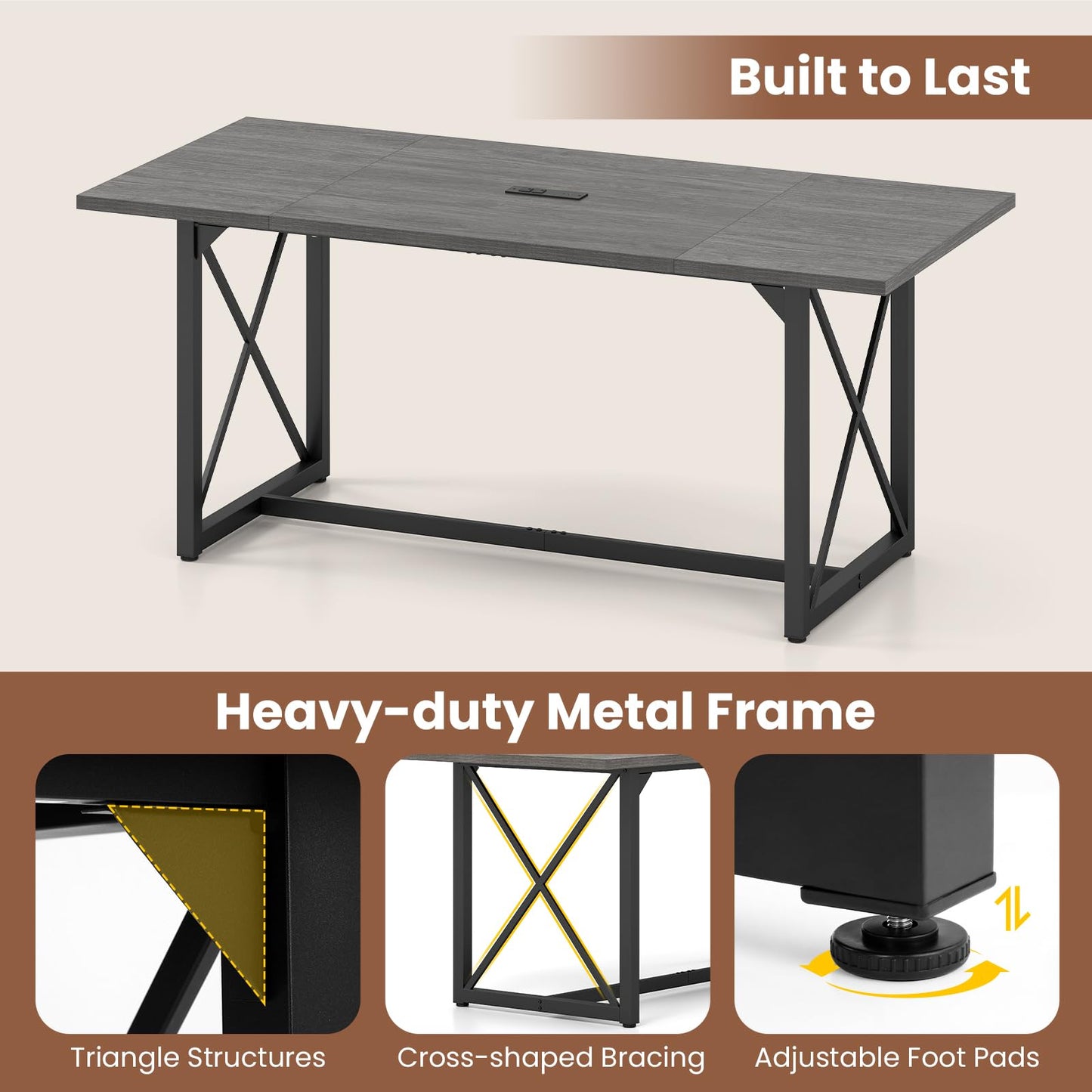 Giantex 6FT Conference Table with Power Outlets, Large Rectangle Meeting Table for 6-8 People, Modern Seminar Boardroom Table w/Stable Metal Frame, Computer Desk for Office Conference (Grey Oak,1)