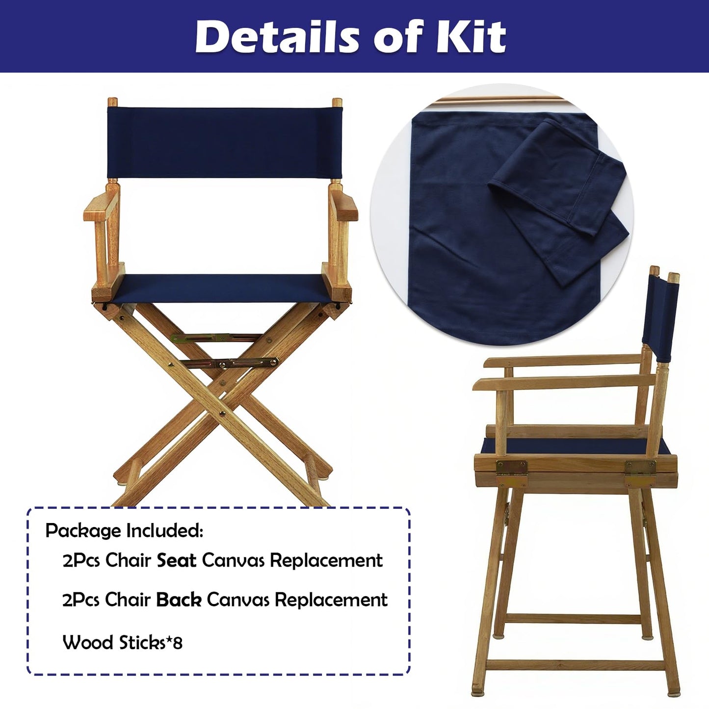 STAY GENT 18''L X 15''W 2 Set Directors Chair Replacement Canvas for 18'' Director Chairs, Replacement Cover Canvas Seat and 19.7''L X 6.3''W Back Covers Kit for Director Chairs Movie Chair, Navy Blue