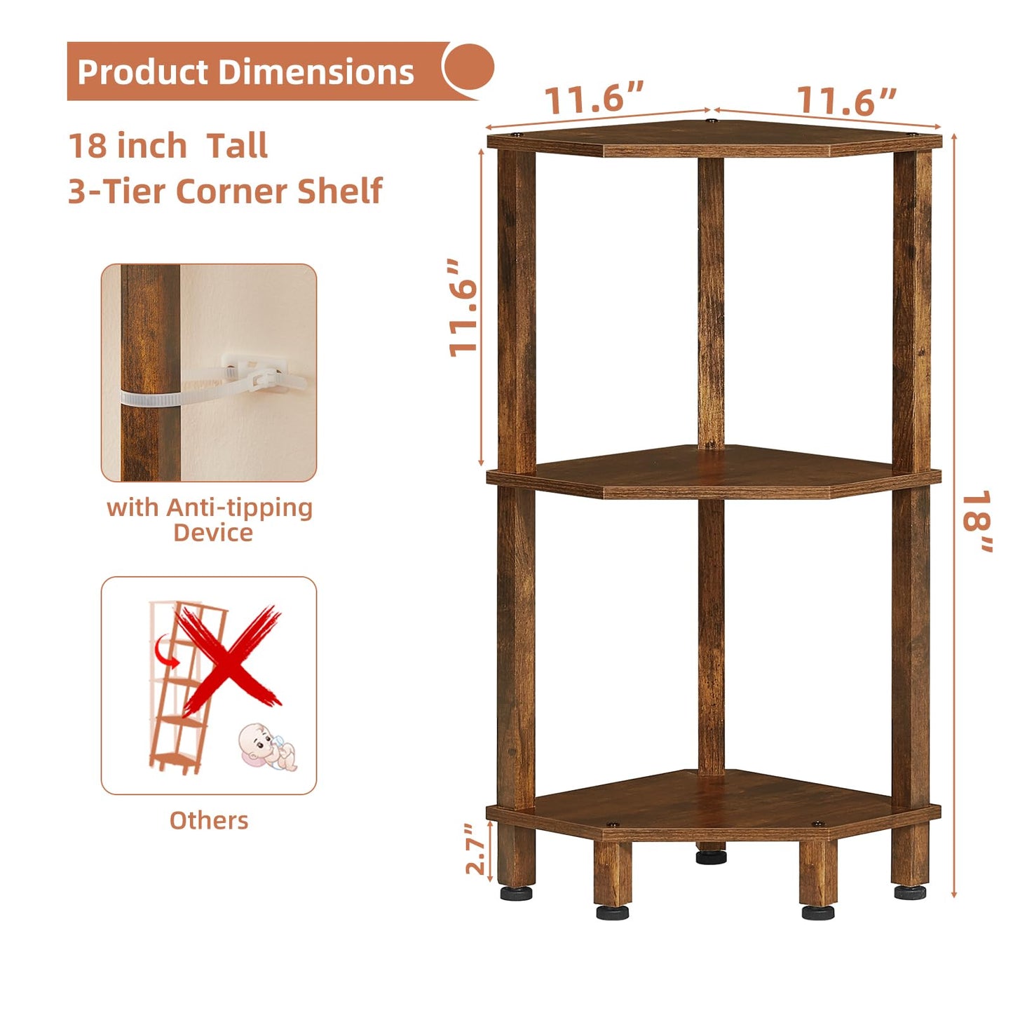 YUFAM 3-Tier Corner Shelf with Sturdy 5-Leg Base, Wooden Corner Bookshelf for Small Spaces, Small Corner Table for Living Room, Bedroom, Office, Brown