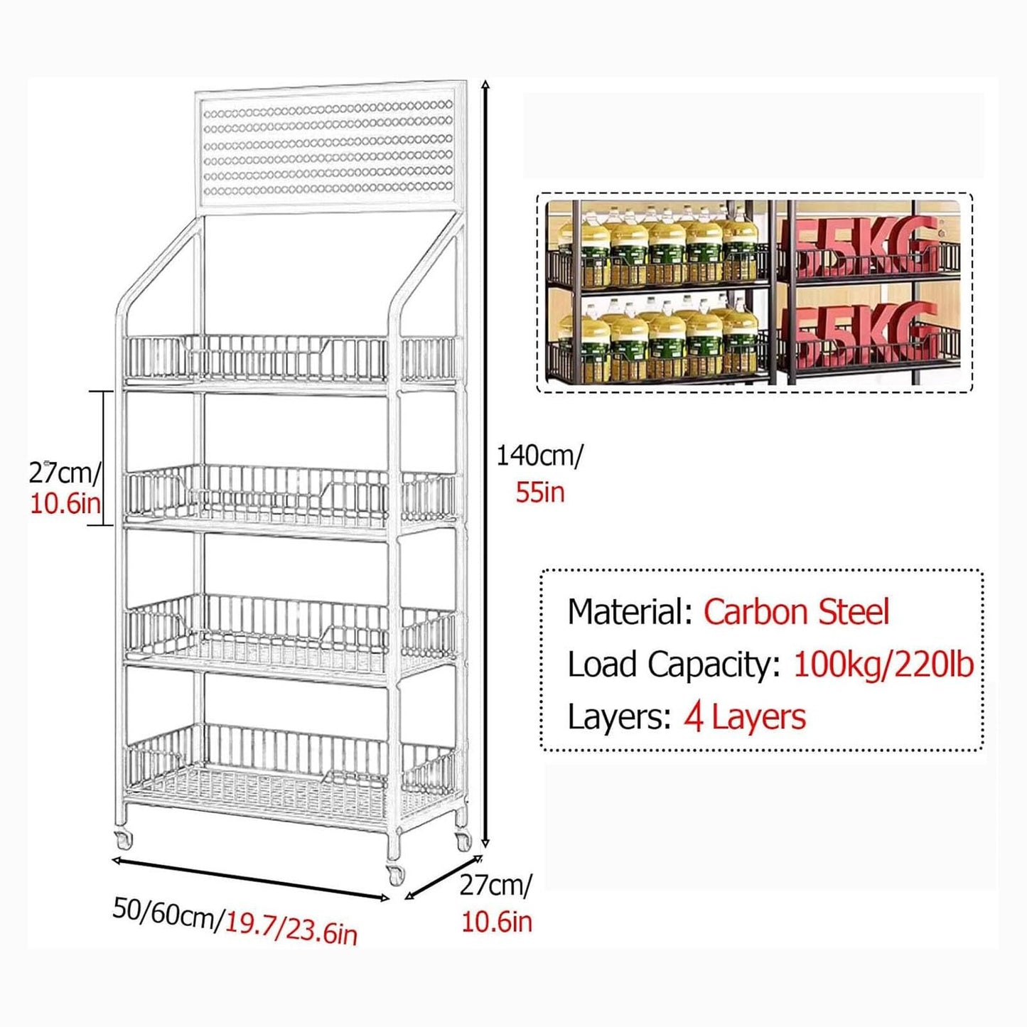 Retail Snack Rack Display Stand,Floor Standing Wholesale Supermarket Fruit Vegetable Display Shelf Stand,for Supermarket, Kitchen Convenience Store/School/Cashier Des