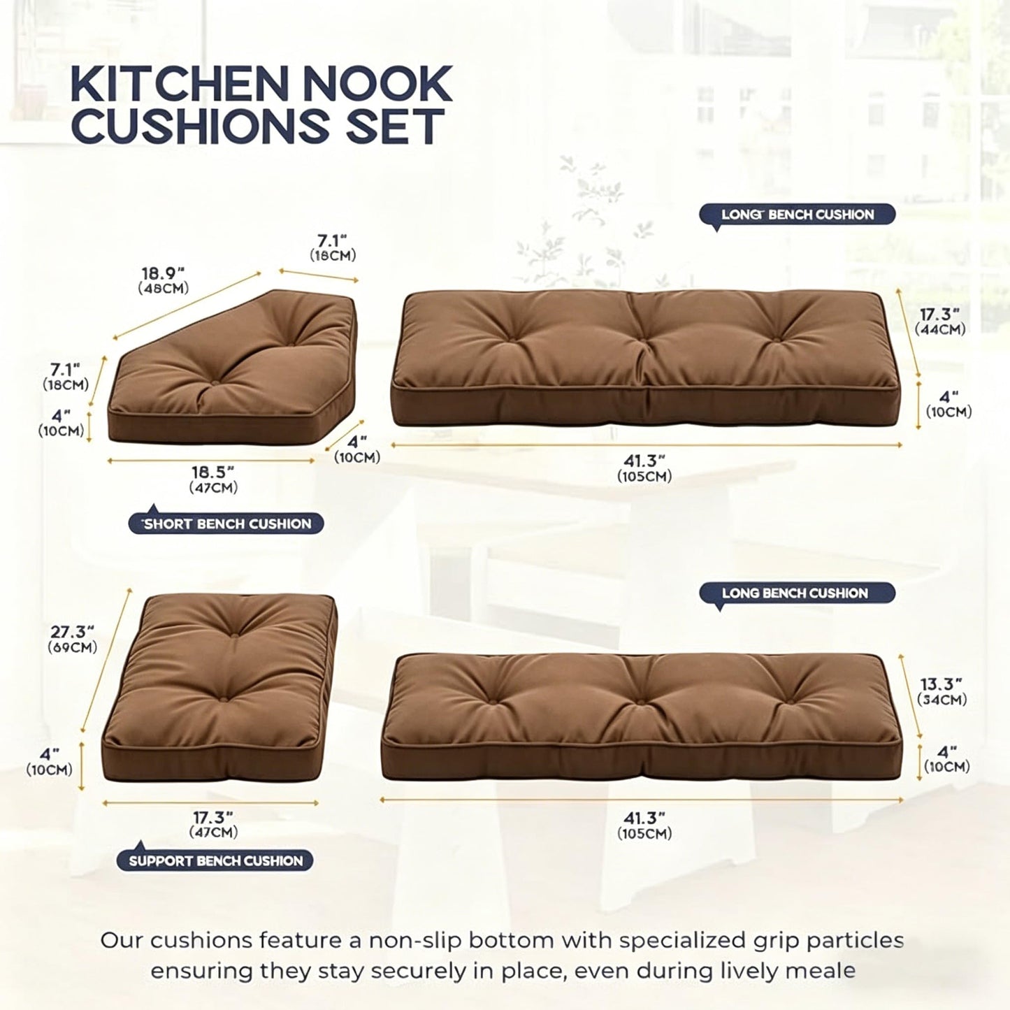 CTLAMK Breakfast Nook Cushions Set of 4, Waterproof Oxford Fabric Kitchen Nooks Cushions, Soft Polyester Filling Cozy Supportive Nooks Cushion, Breakfast Nook Cushion Cozy Dining Area Seating,Brown