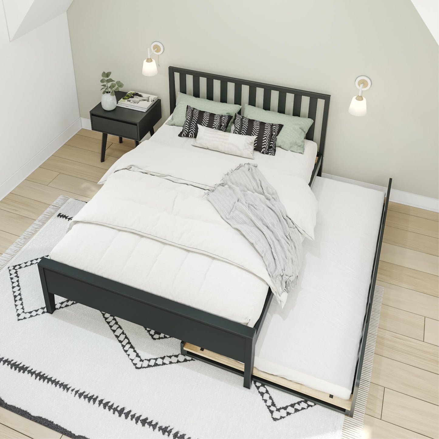 Max & Lily Scandinavian Panel Bed (Full), Slatted Headboard, with Trundle, Black