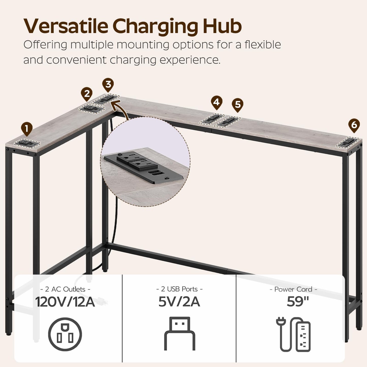 YATINEY Narrow Console Table with Outlets, 70.9" Sofa Table Narrow Long, L Shaped Behind Couch Entryway Table with Charging Station, for Living Room, Hallway, 3 Assembly Options, Greige CT07UBG
