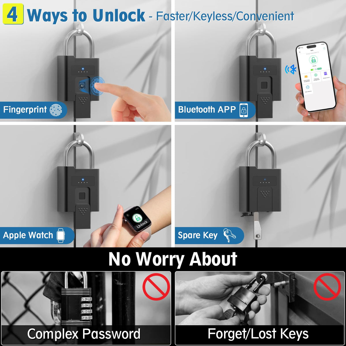Fingerprint Padlock,Heavy Duty Smart Padlock with Key, Waterproof Bluetooth App Control,Outdoor Gate Lock for Fence, Shed, Storage, Gym Locker