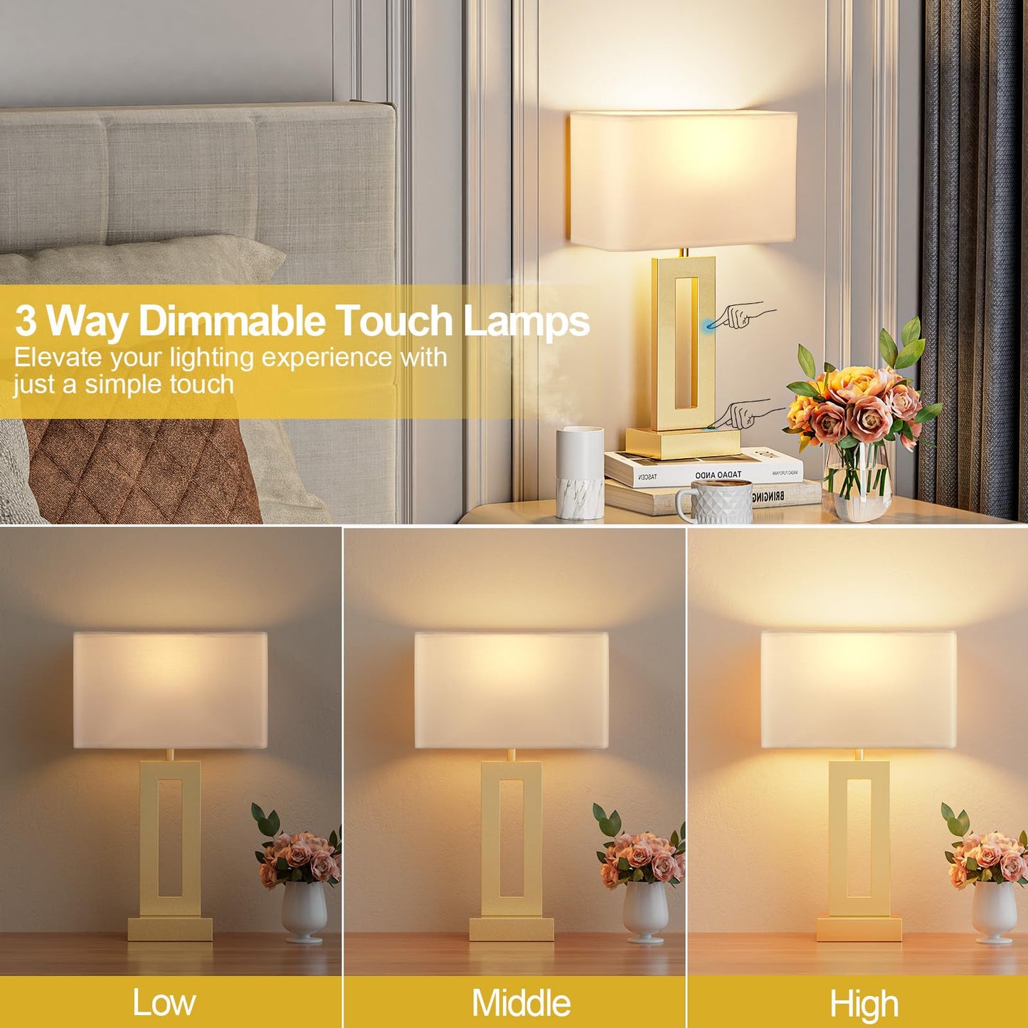 Seealle Bedroom Table Lamps Set of 2 - Touch Bedside Lamps with USB C+A, 3 Way Dimmable Gold Lamp for Nightstand, Modern Night Stands Lamps for Living Room End Tables Desk Bed Side Study Room(16.4n)