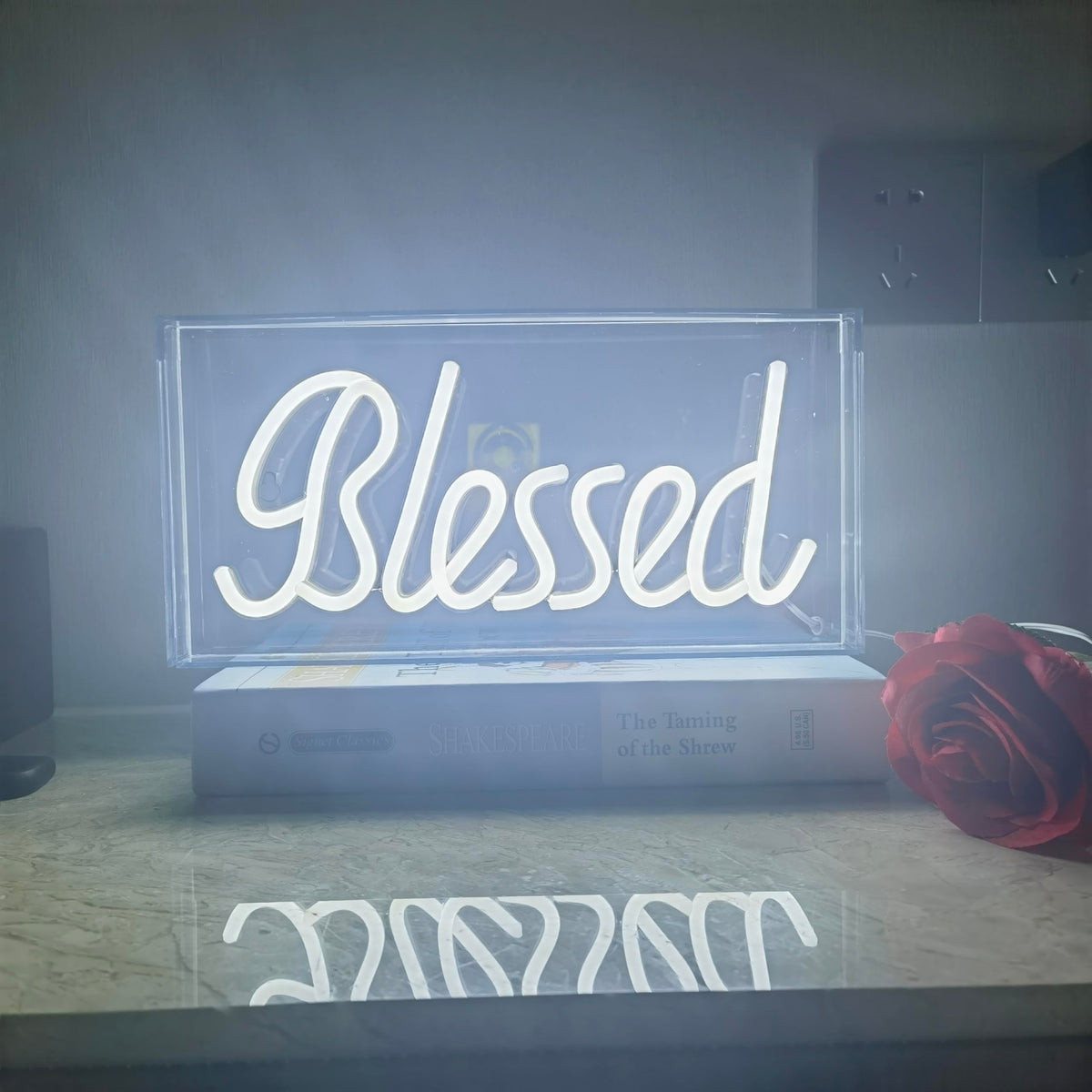 Blessed Neon Signs for Countertop,LED Blessed Neon Lights Marquee Letter Lightbox Neon Sign Decorative Lamp for Party Desk Bedroom Home Birthday Art Decoration,USB Powered 11.8"*5.9"*1.7"（White）