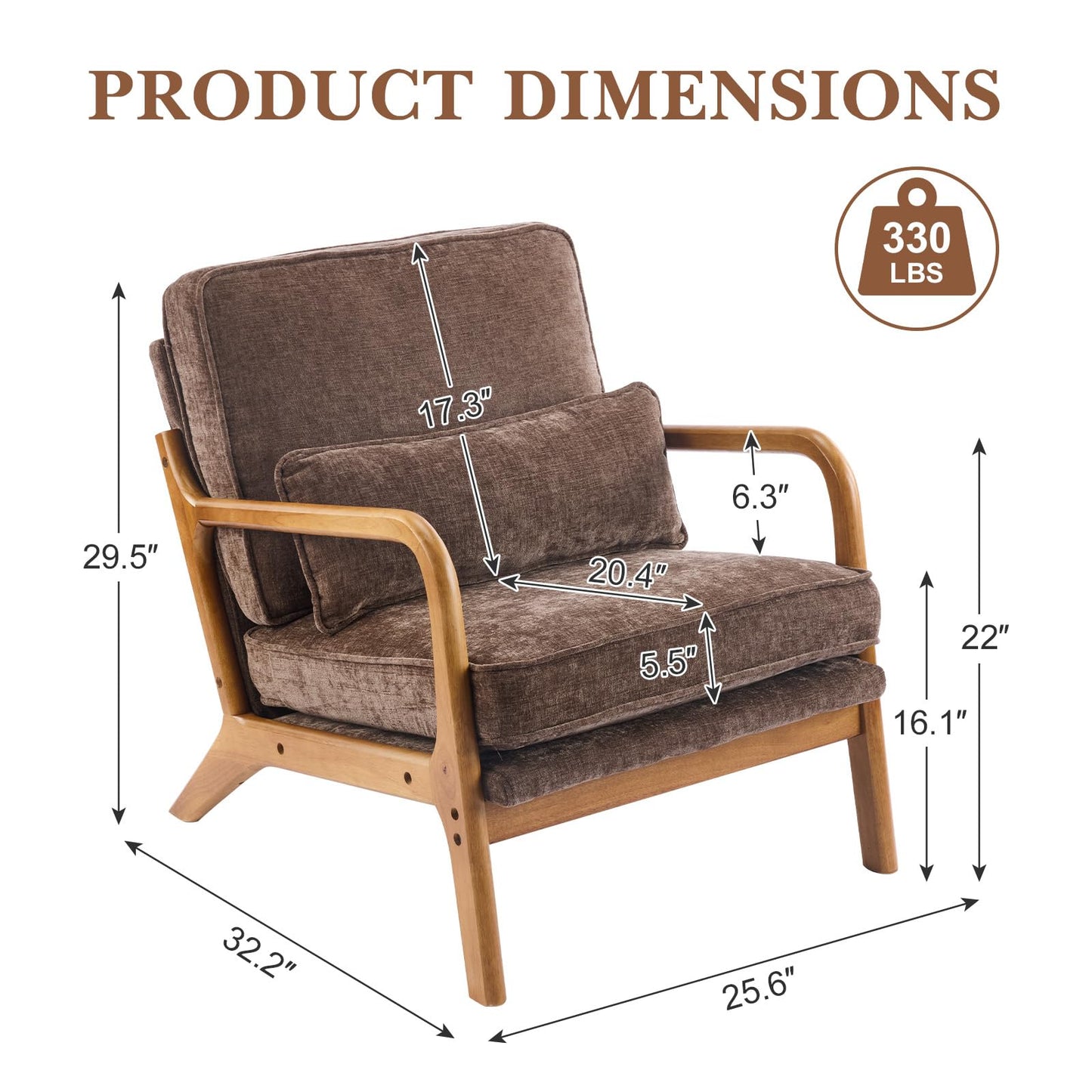 Karl home Mid Century Modern Accent Chair with Lumbar Pillow & Oak Arms – Plush Chenille Living Room Chair for Bedroom, Lounge (Brown)