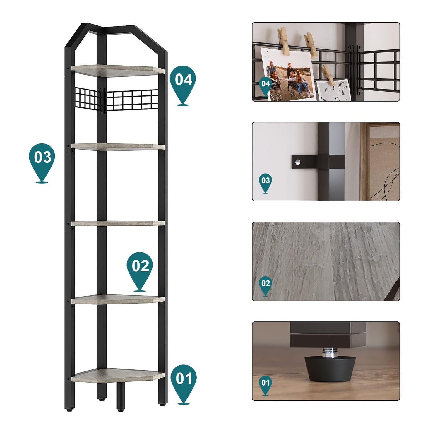 YMYNY 5-Tier Corner Shelf, Freestanding Corner Bookcase with 6 Wooden Clips and 6 S-Hooks, Multi Display Shelf Rack for Living Room, Bathroom, Bedroom, Small Space, Silver Gray, 69" H, UHBR006Y