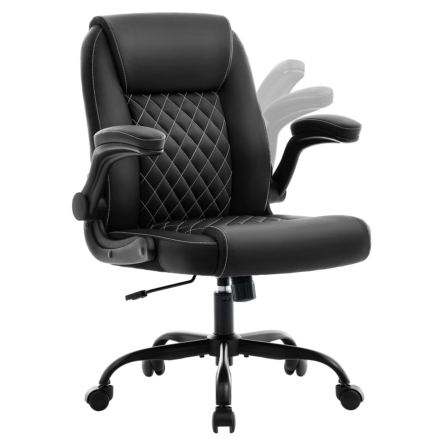 Leather Office Chair, 300lbs Heavy Duty Mid-Back Desk Chairs with Flip-up Armrests, Space-Saving Swivel Task Chair with Wheels, Adjustable Height and Ergonomic Back Support, Black