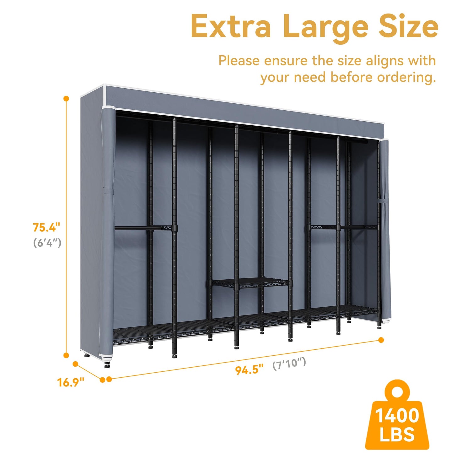 Higeego 94.5"W Heavy Duty Garment Rack with Cover, H5C Large Clothes Rack with Adjustable Shelves and Hanging Rods Dustproof Closet for Storage and Organizer, Black Rack with Grey Cover, Load 1400 lbs