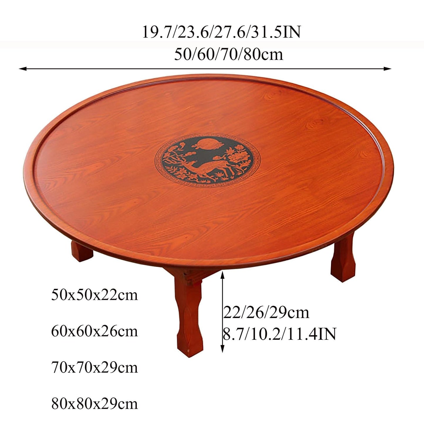 Folding Coffee Table, Rustic Wood Floor Round Table with Chinese Lucky Deer Pattern, Portable Low Dining Tables for Tatami, Living Room, Bedroom, Picnic, Red Brown (Size : 80CM/31.5IN)