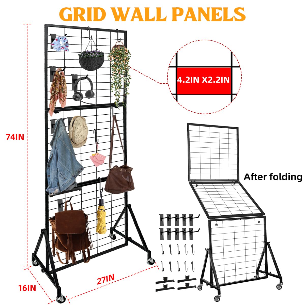 ZERTNROW Heavy Duty Adjustable Grid Wall Panels, Foldable Gridwall Panels with Braked Wheels-Included 24 Hooks，Suitable for Art Fairs Craft Display Retail Storage