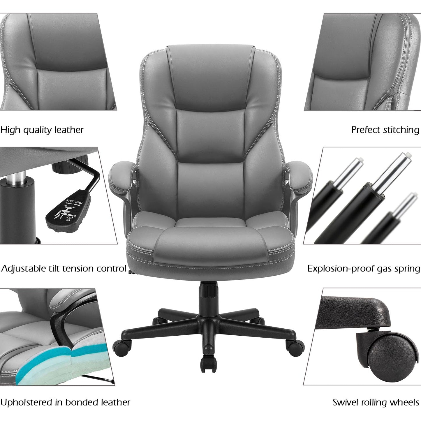 Furmax Office Executive Chair High Back Adjustable Managerial Home Desk Chair, Swivel Computer PU Leather Chair with Lumbar Support (1, Gray)