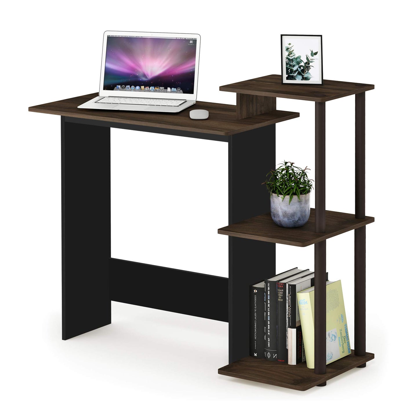Furinno Efficient 29-Inch Brown Computer Desk, Office Desk with 3 Side Shelves, Rectangular Home Office Desk, Gaming Desk for Home Office, Bedroom, Study Room, Brown Walnut