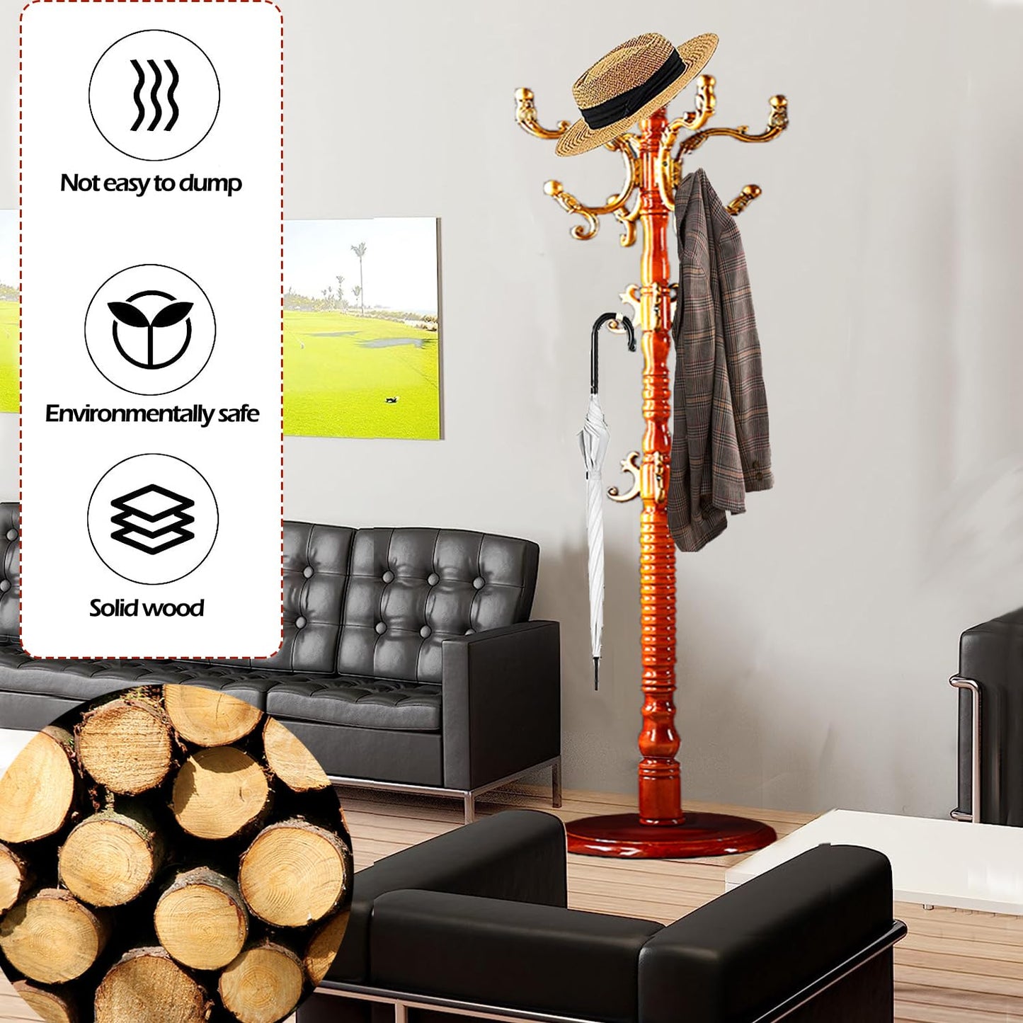 Sauqzoh Coat Racks Free Standing with 14 Hooks, Natural Wood Coat Stands for Entryway, Adjustable Height 73 in Tree Coat Rack Stand for Hallway Home Office Bedroom (Begonia)
