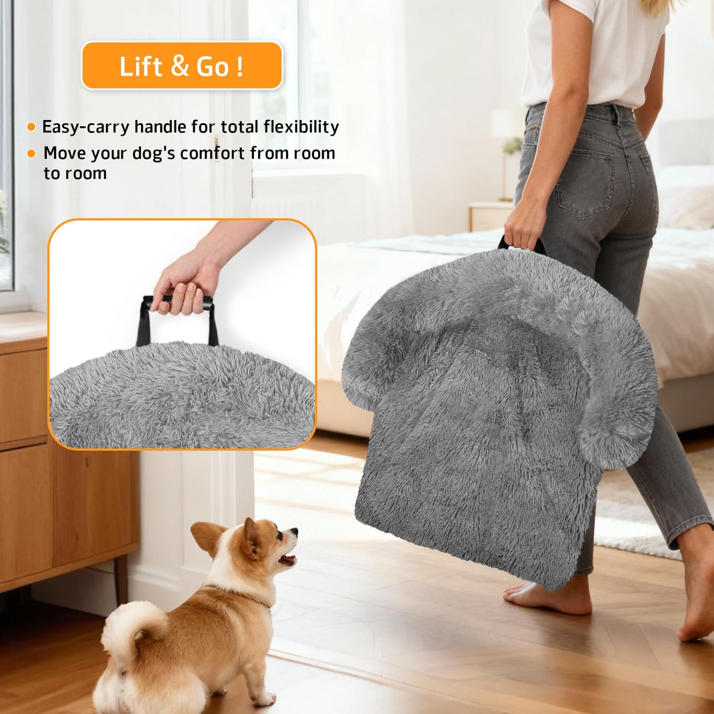GGIB Calming Dog Bed Fluffy Plush Dog Mat for Furniture Protector with Removable Washable Cover for Large Medium Small Dogs and Cats (Large, Grey)