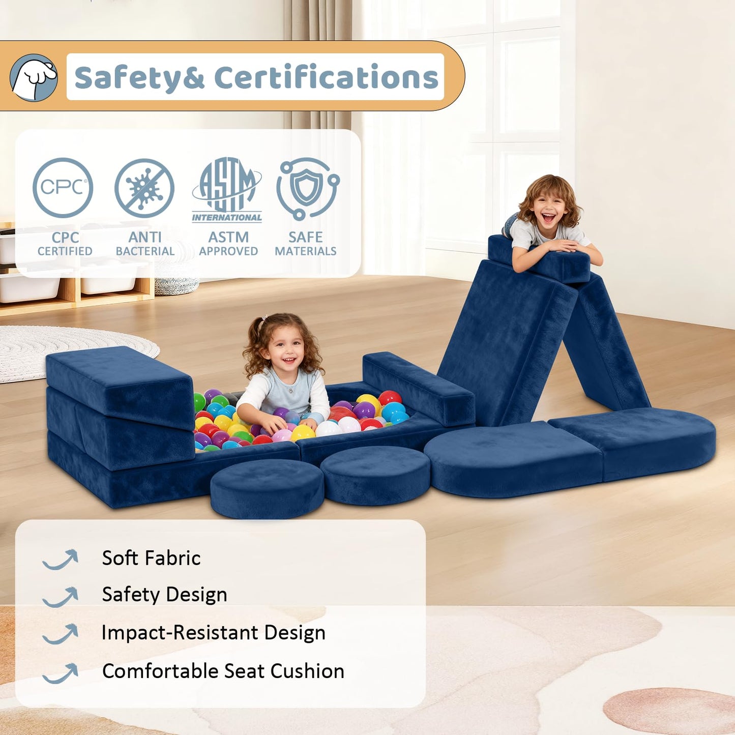 Decmuerx 12pcs Modular Kids Play Couch - CPC Certified Convertible Toddler Sectional Sofa, Washable Durable Foam Floor Cushion for Kids Playroom (Play Fort/Castle)