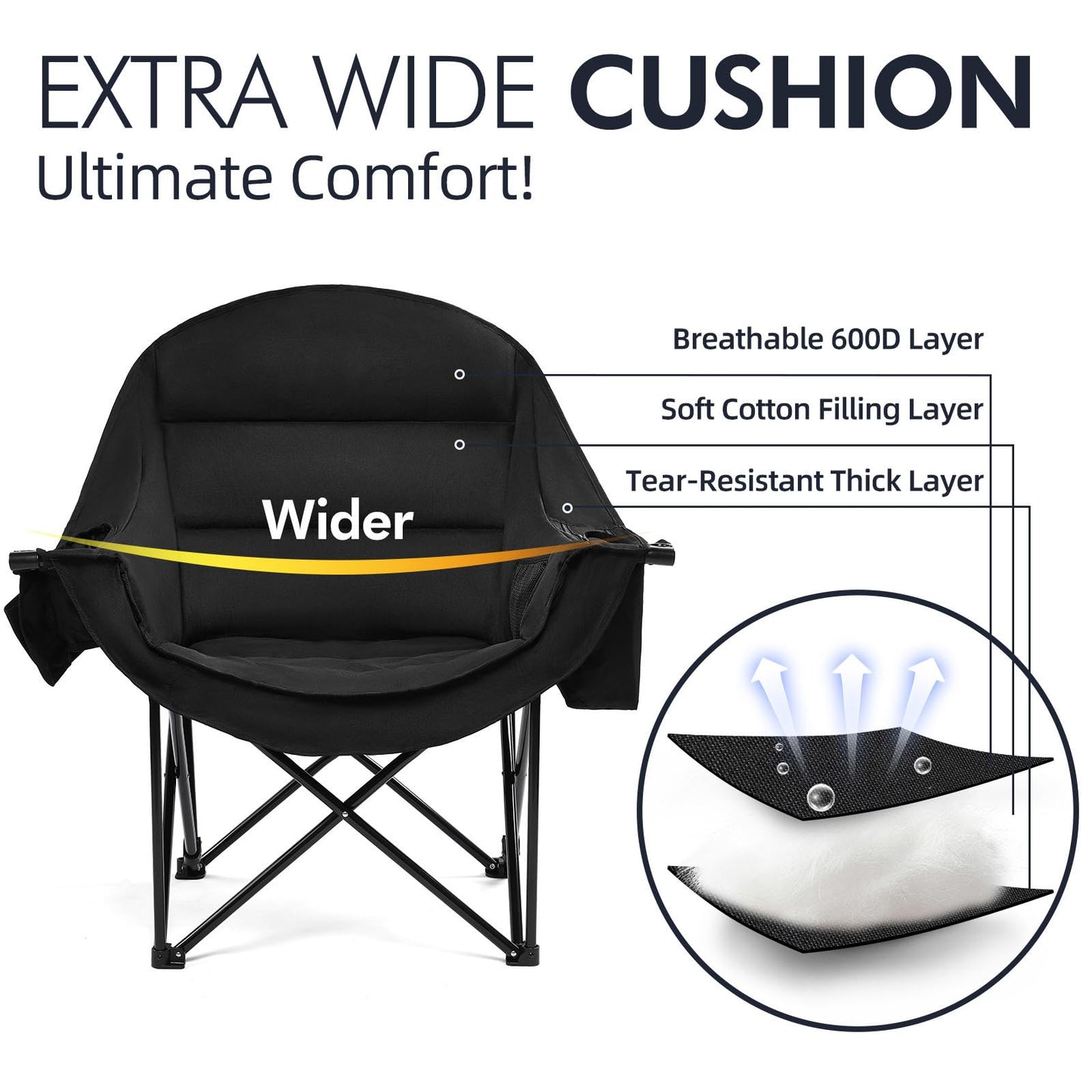 Oversized Camping Chair for Adults - Heavy Duty Outdoor Padded Large Lawn Camp Chair with Cup Holder Cooler Pockets for Sports Beach Fishing Garden Portable Supports 500lbs, AllBlack 2 Pack