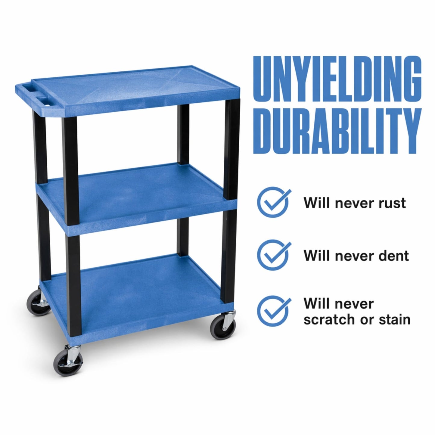 Classroom Basics WT34BUS Utility Cart, 3-Shelf Multipurpose Service Cart, 24" W x 18" D x 34" H, 300 lb Capacity, Molded Plastic with Ergonomic Handle, Flat Shelves, Blue Shelf and Black Leg
