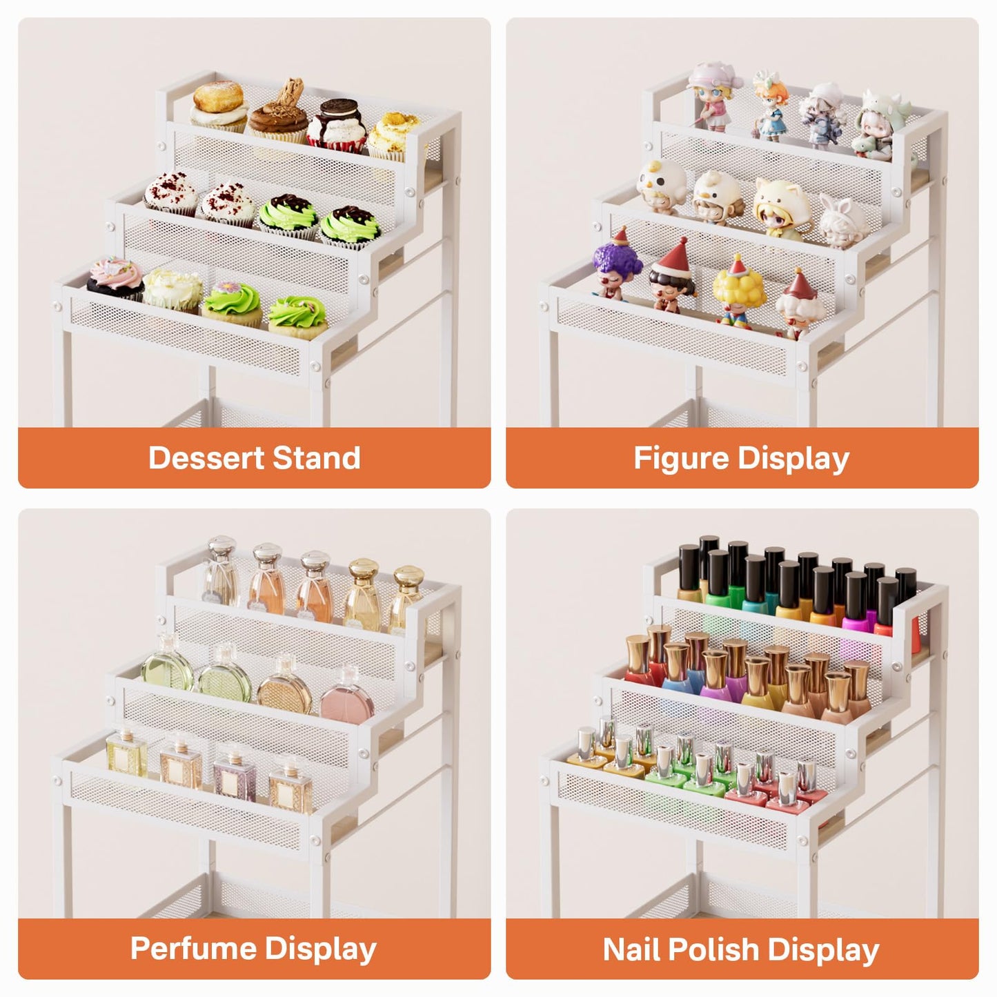 FURFUN Makeup Organizer Storage with Drawers, 13 Inch Bathroom Stand Large Floor Rolling Skincare Organizer Cart, 3-Tier Vanity Tray Stand for Cosmetics, Nail Polish, Perfume Display Cases Holder