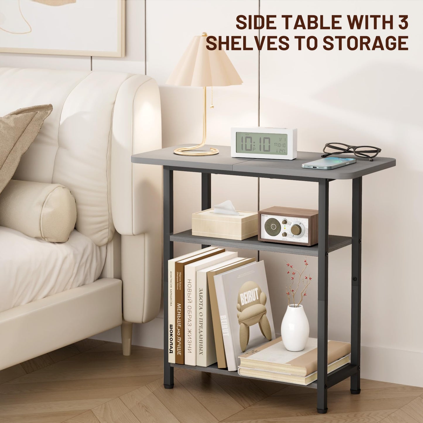 SLEEPING LAMB Side Table for Living Room, 3-Tier End Table for Small Space with Wide Storage Tabletop, Narrow Nightstand for Bedroom, Sofa Couch, Grey
