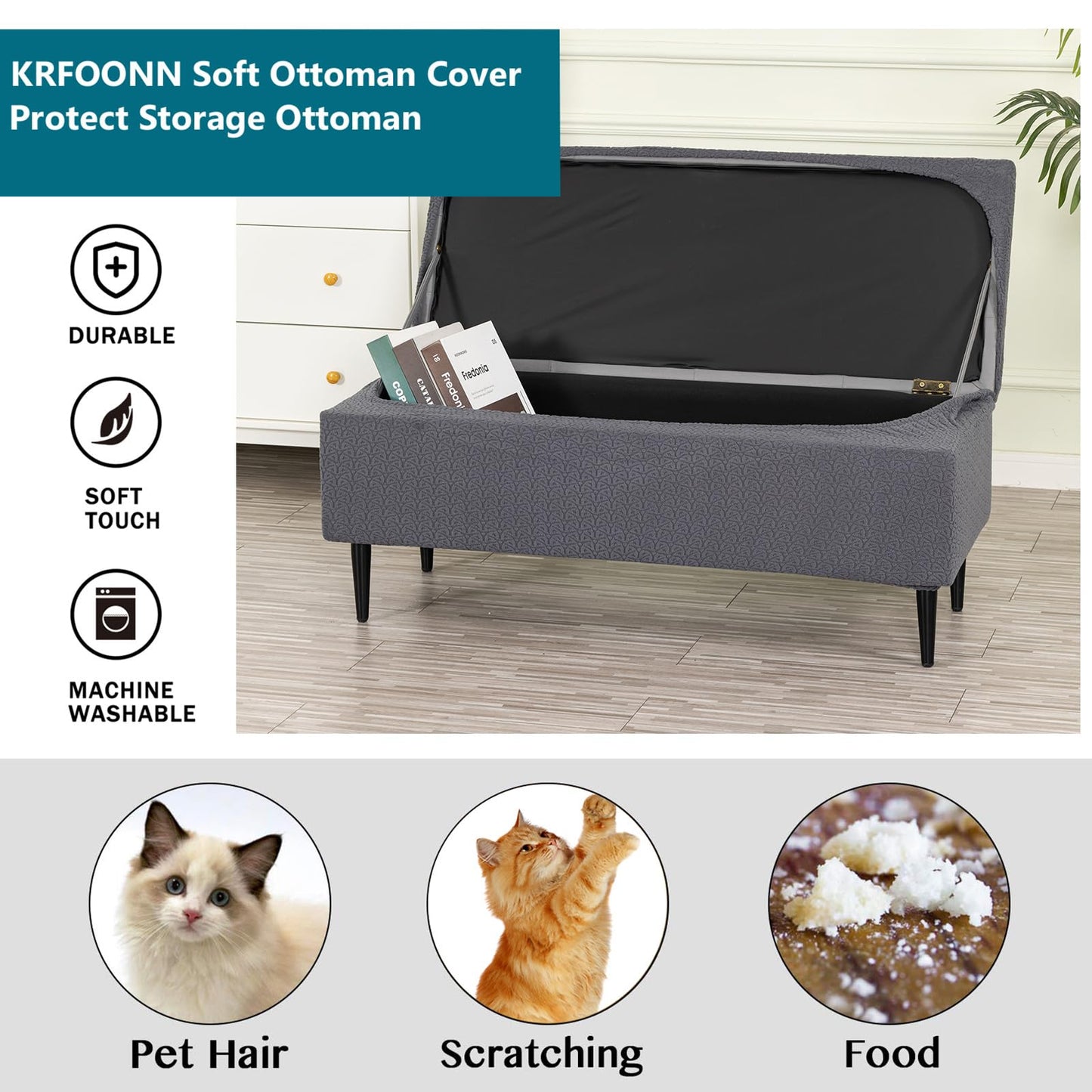 KRFOONN Rectangle Ottoman Covers Stretch Folding Storage Ottoman Bench Cover Jacquard Storage Ottoman Folding Footrest Stool Slipcover Furniture Protector for Living Room Bedroom Bench (Large, 39)