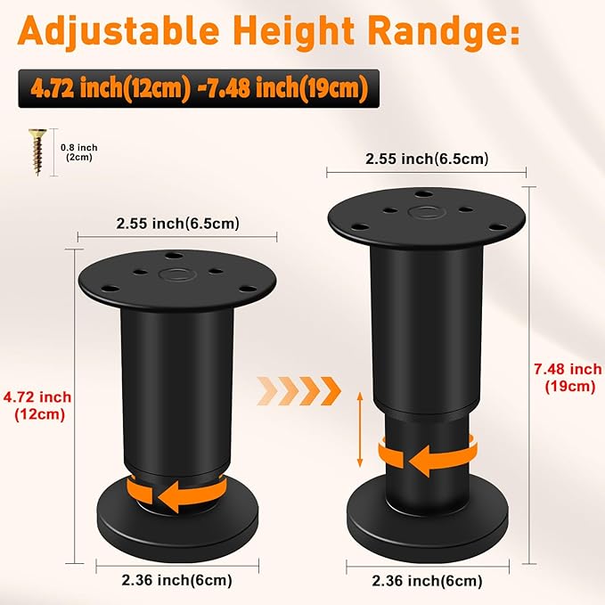 4 Pcs Adjustable Height Furniture Support Legs 4.72-7.48 inch, Metal Adjustable