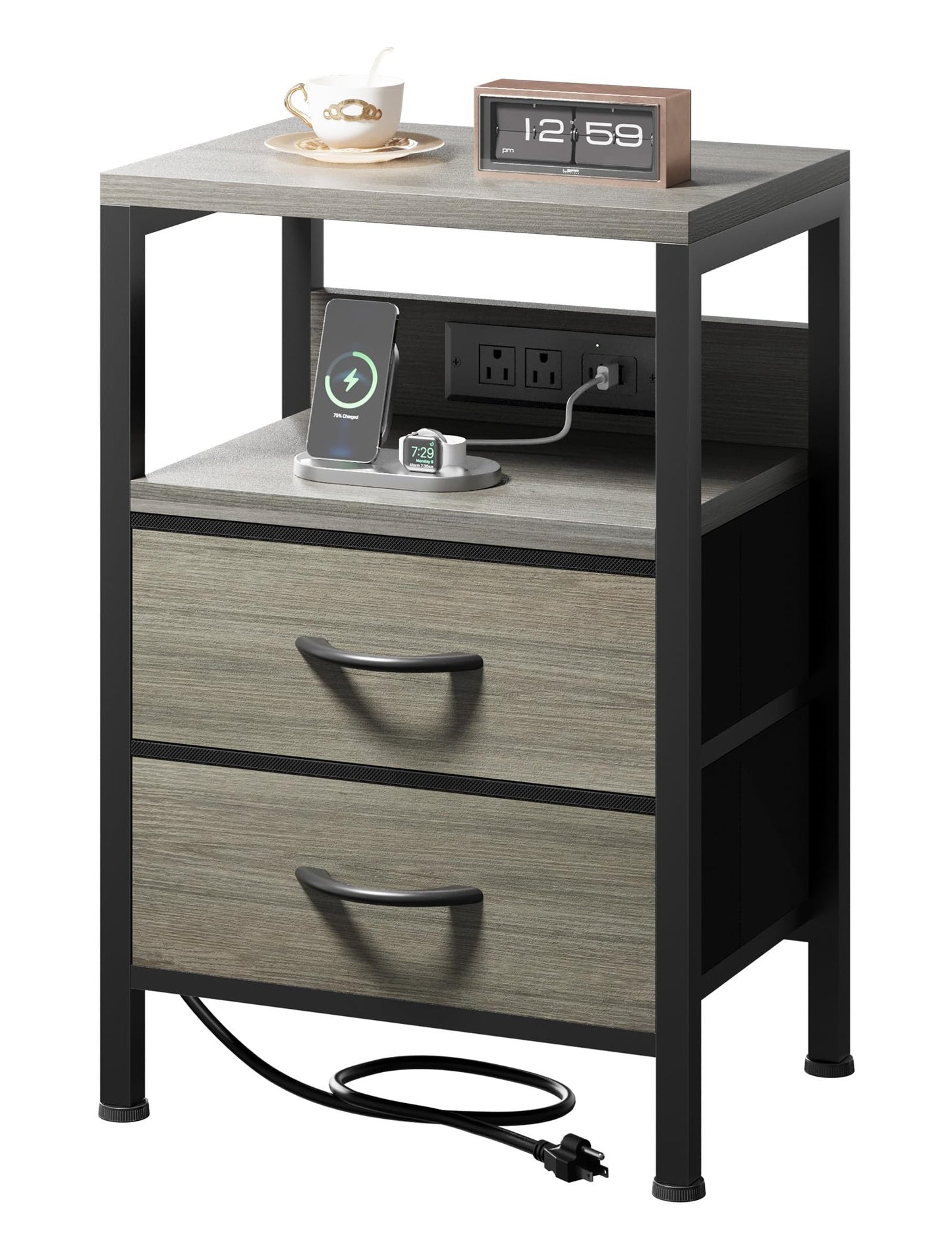 Lazzanto NightStand Bedside Charging Table Bedroom - Night Stand with Charger Station, Modern Nightstand with Open Shelf & 2 Fabric Drawers, End Table with USB-C USB Ports & AC Outlets for Dorm, Grey