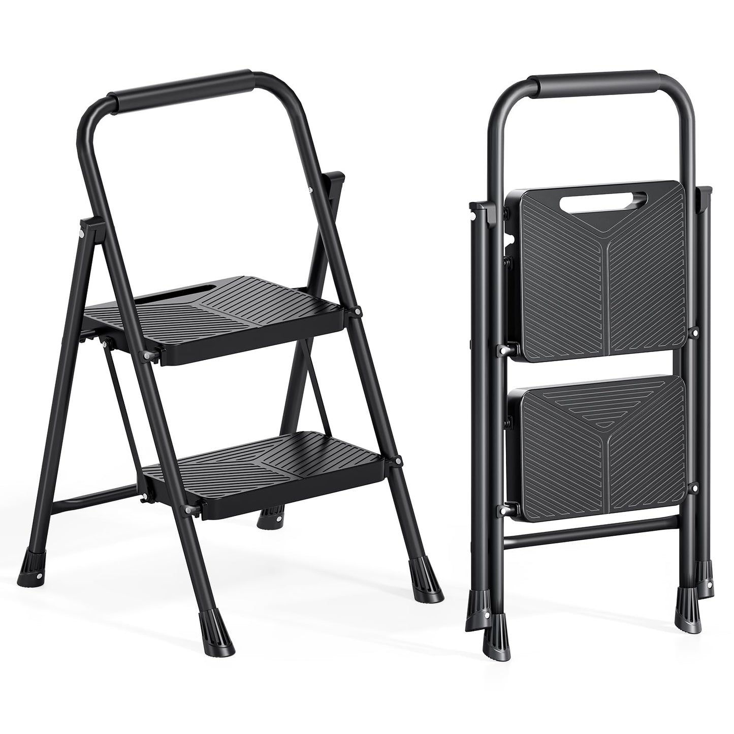 Urackify 2 Step Ladder, Folding Ladder for Multi-Purpose, Home, Kitchen, Heavy Sturdy Steel Portable Step Stool with Handrail, Safe-Lock Design, Anti-Slip Wide Pedals, Pass 500lbs Load Testing, Black