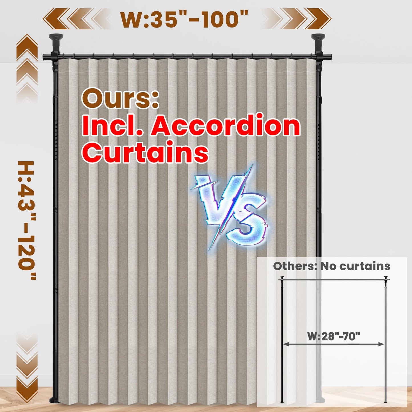 100% Blackout Room Divider Curtains Sets Cream White W100 x L84 in,1 Panel Curtain Rods No Drilling Adjustable Tension (H) 43-120×(W) 35-100 in Room Wall Divider for Apartment/Dorm