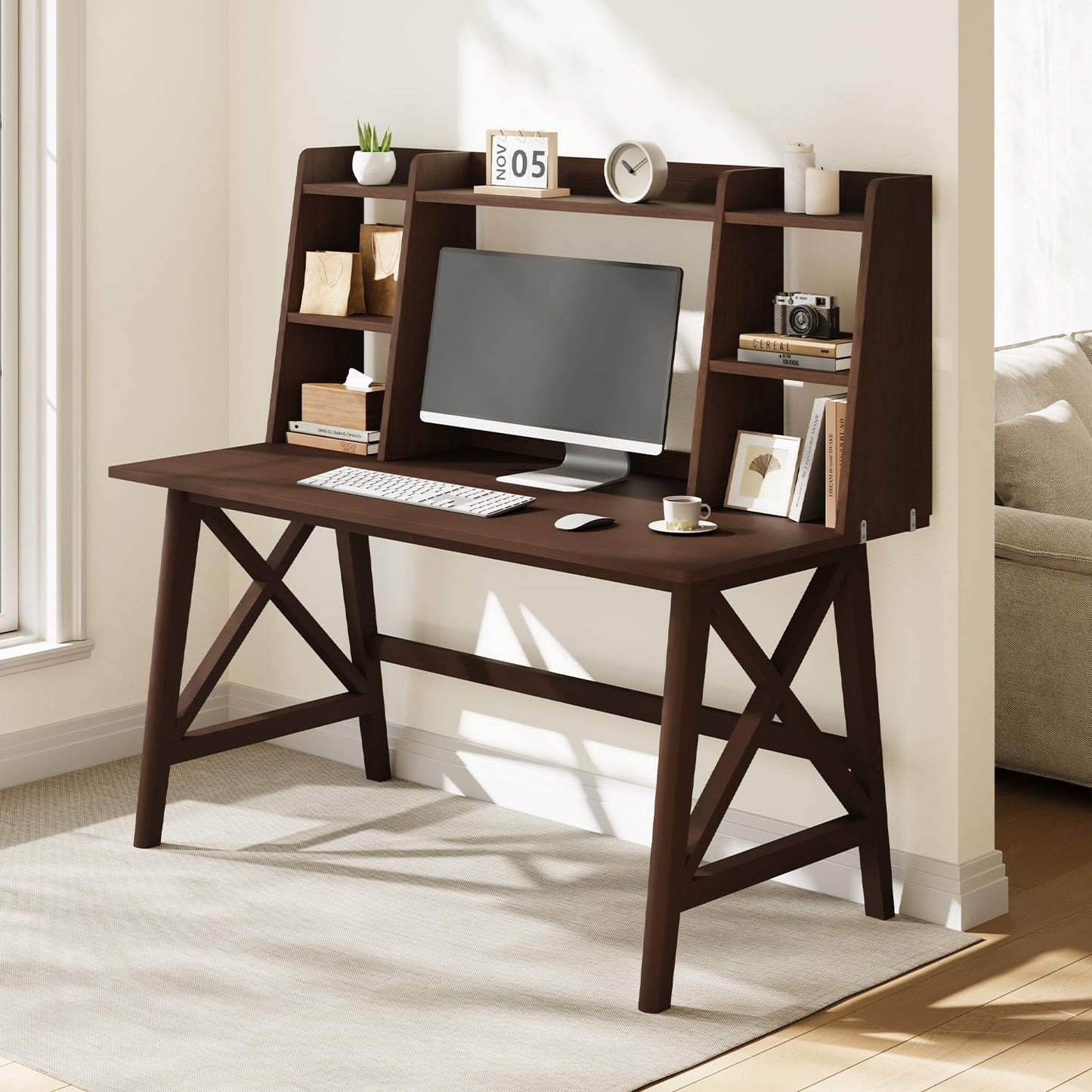 NELYE Solid Wood Desk with Bookshelf, Computer Writing Table for Monitor and Home Office, Modern Compact Workstation in Walnut, 48" W x 24" D