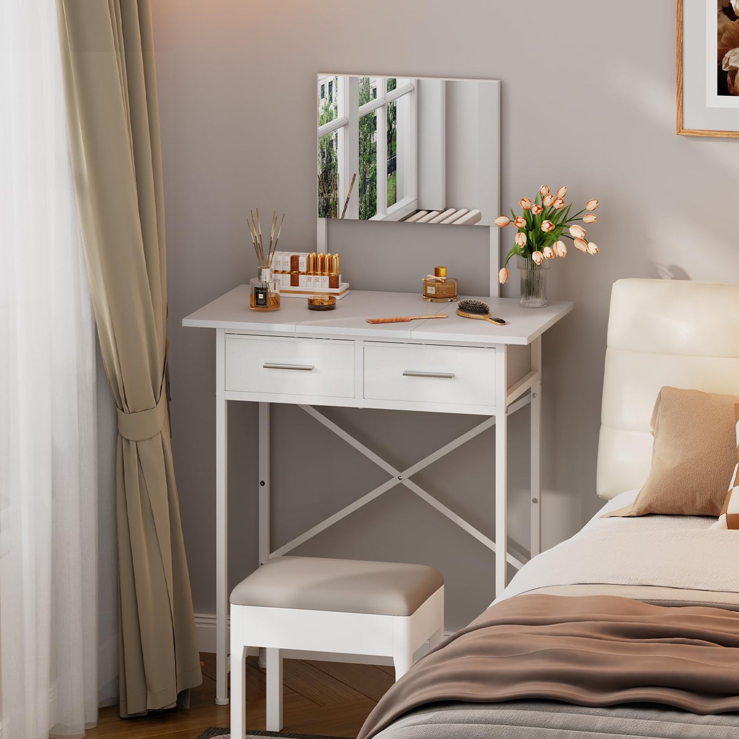 Jakyitvi Small Vanity Desk with Mirror and Drawers, White Makeup Vanity Table with Storage, Compact Vanity for Bedroom, Modern Makeup Desk for Girls, Space-Saving Vanity Table