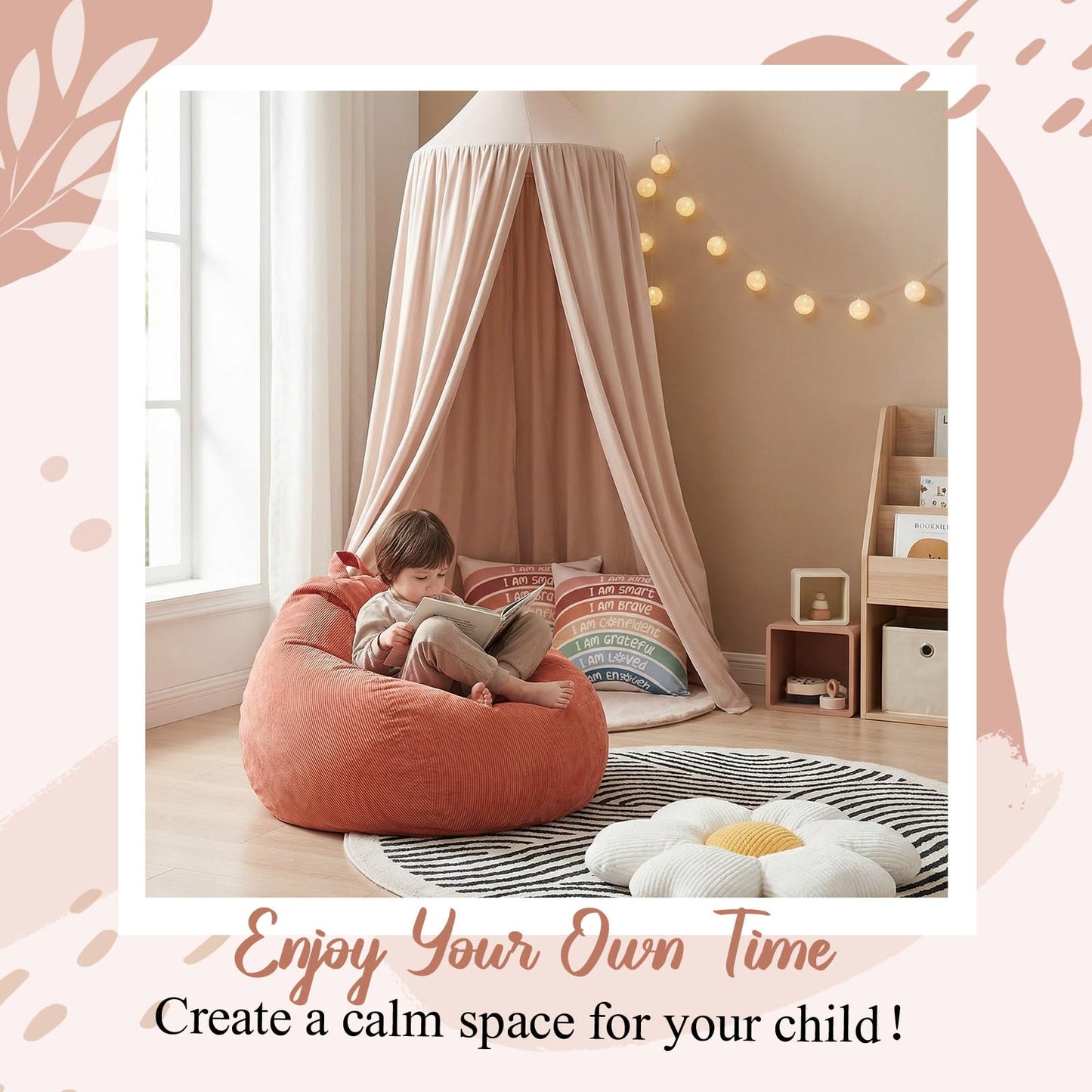 Hillsuren 5 Pcs Kids Reading Corner Set Reading Nook Bean Bag Chair Cover with Canopy Tent, Throw Pillow Cover (No Filler) and Flower Pillow for Bedroom Playroom Nursery Corner Decoration(Beige)