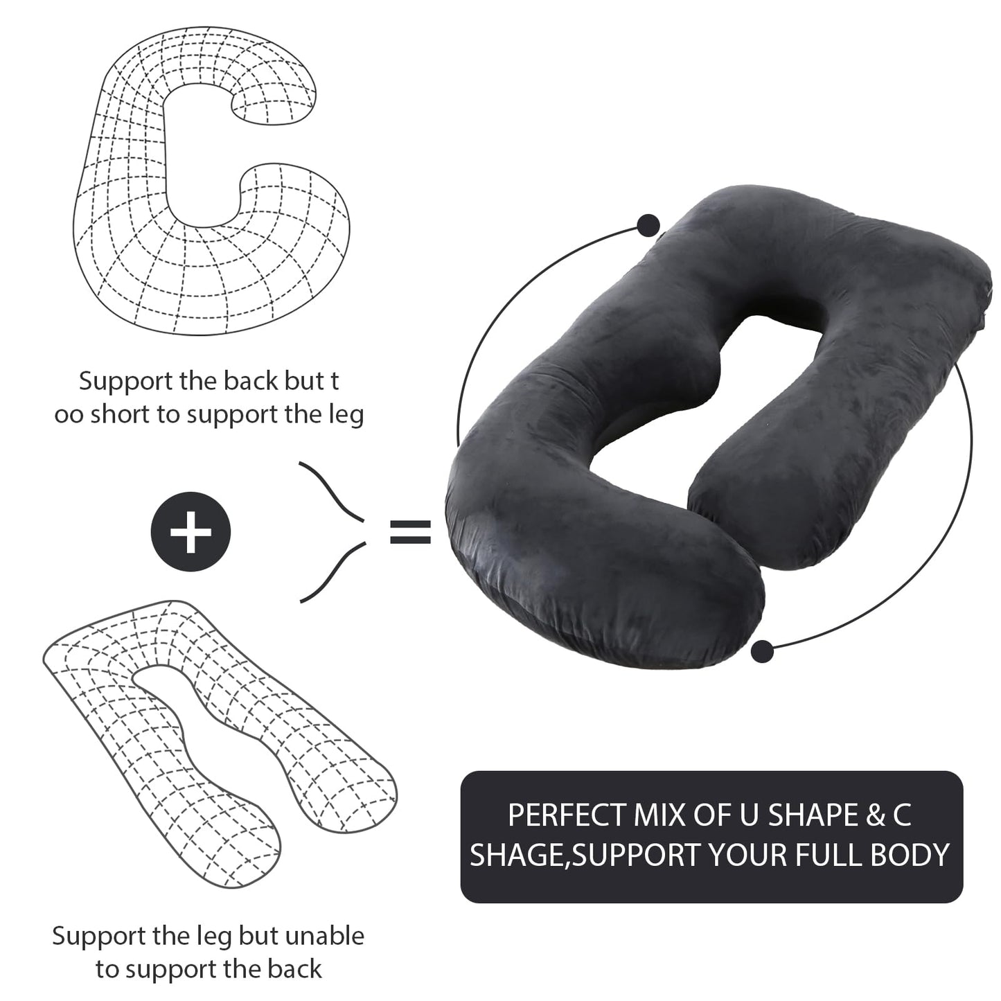 BATTOP Pregnancy Pillows for Sleeping, Full Body Maternity Pillow for Side Sleeping, Support for Back, Legs, Belly, Hips, 57 Inch Pregnancy Pillow with Removable Cover, Black