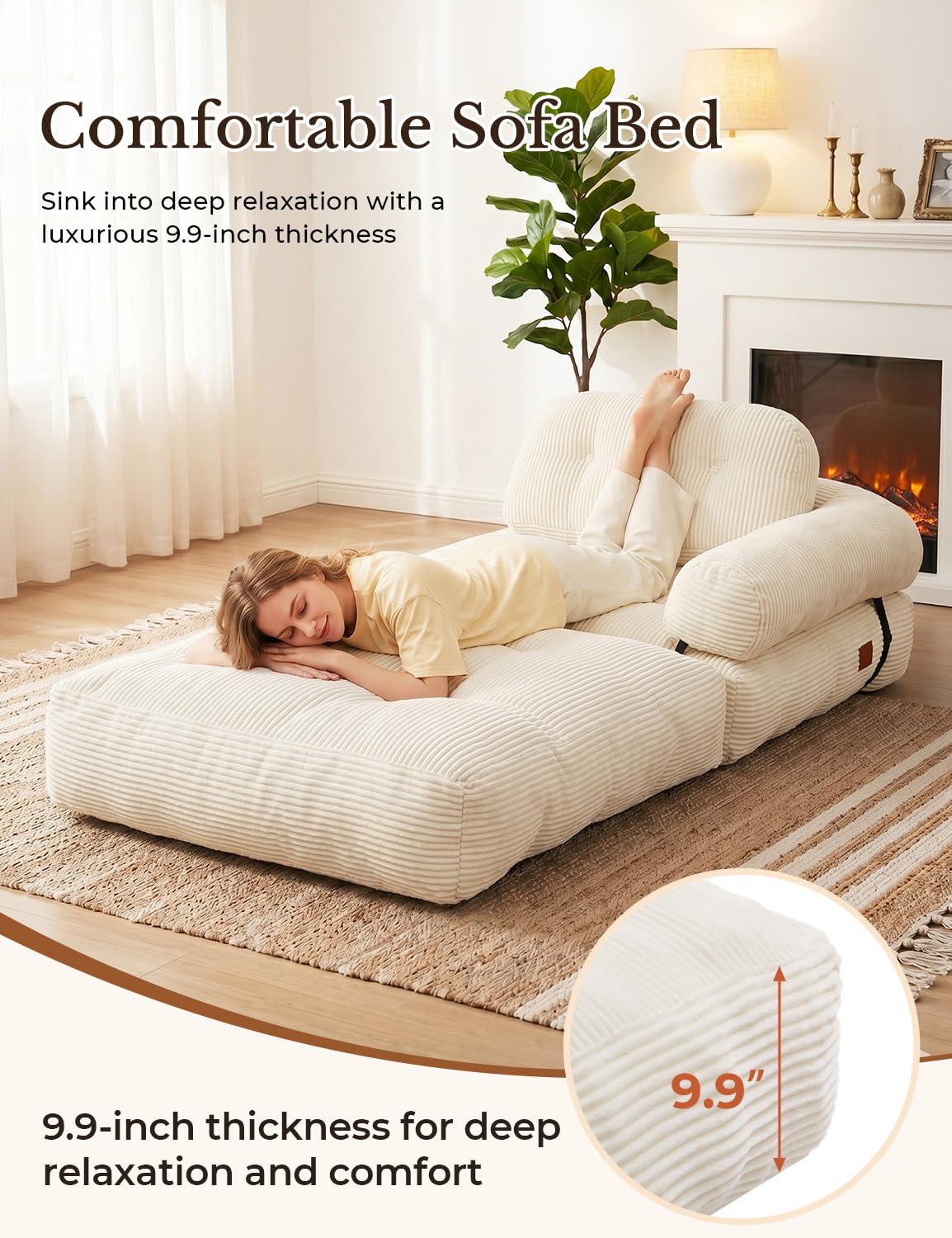 Vellorise Folding Sofa Bed, L-Shaped Couch Back Support and Arm Pillow Futon, Convertible Sofa Bed for Living Room/Guest Use/Home Office, Boneless Foldable Couch for Adults, White