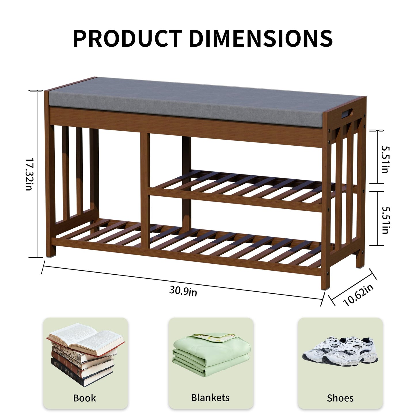 bambooflow Shoe Rack Bench with Cushion,2 Tiers Shoe Bench with Flip-Top Storage,Wood Shoe Rack for Entryway, Hallway, Bedroom, Front Door Entrance (Brown)