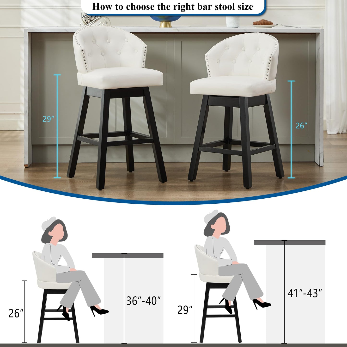 UDAX 26''Swivel Bar Stools Set of 2, Upholstered Barstools with Backs, Modern Counter Height Bar Stool Chairs for Kitchen Island, Wood Legs, Counter Stools