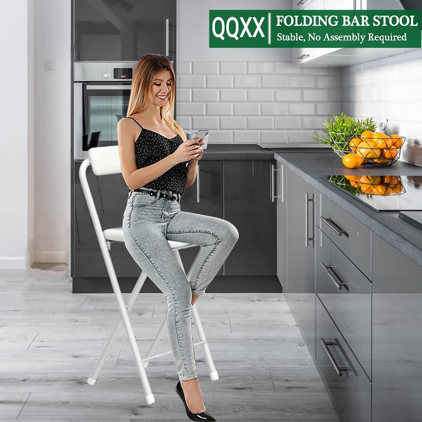 Folding Bar,Folding with Back Support & Footrest,Counter Height Padded Seats,Foldable s for Adults Portable,Outdoor,Kitchen,Shop,Cafe(25.5inch seat heightWhite)