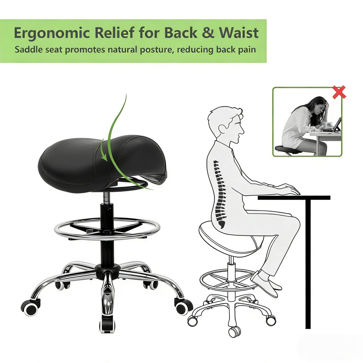 Ergonomic Salon Stool, Black Rolling Saddle Chair with Footrest, Height Adjustable Swivel Seat with Wheels for Hairdresser, Barber, Tattoo Artist, Spa