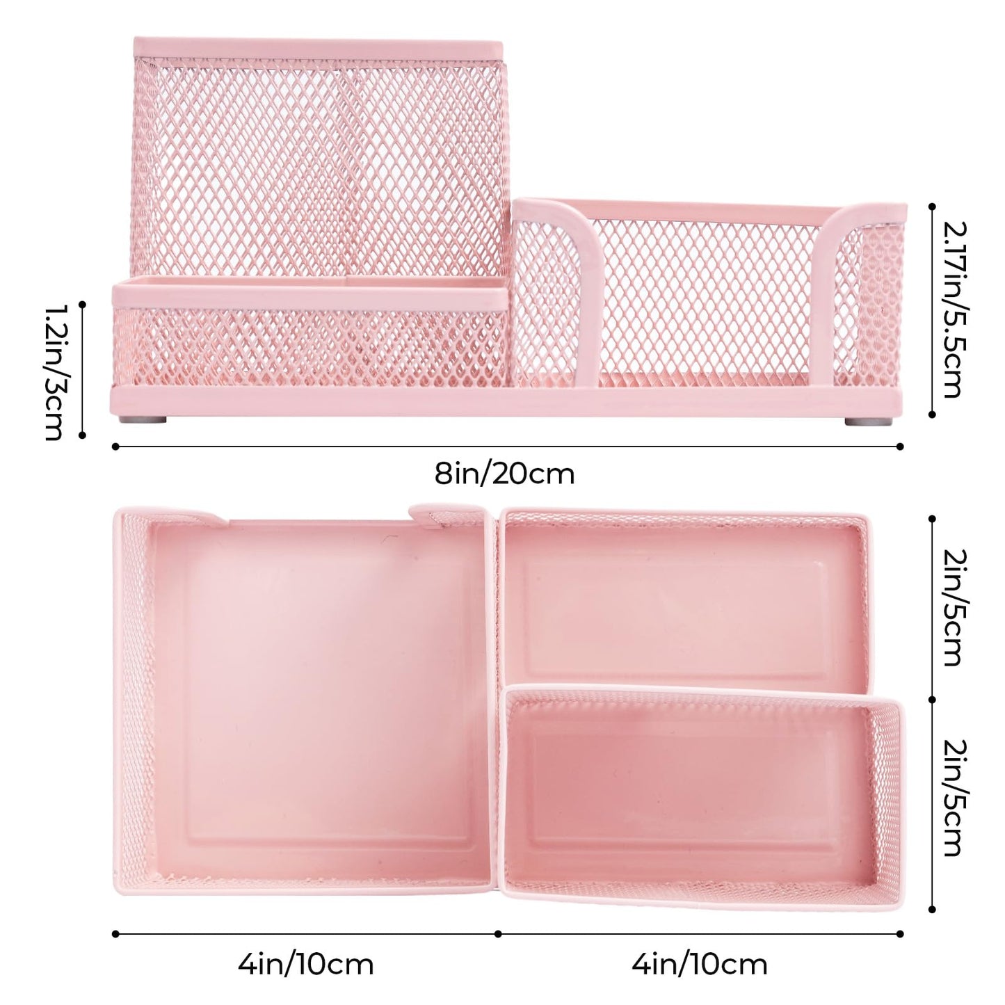 M&G Mesh Pen Holder Desk Organizers Pencil Holder for Desk Pink, 3 Compartments Metal Office Supply Organizer with Sticky Notes Holder for Home Office