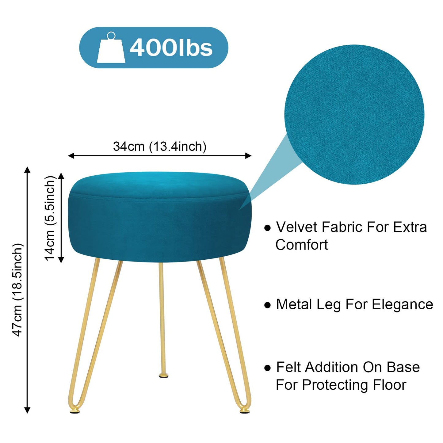 YOONIC Velvet Soft Modern Vanity Footstool -Round Footrest Stool Ottoman Side Table Seat Dressing with Golden Metal Leg and Sponge Filling,Upholstered Foot Rest for Living Room (Peacock blue2)