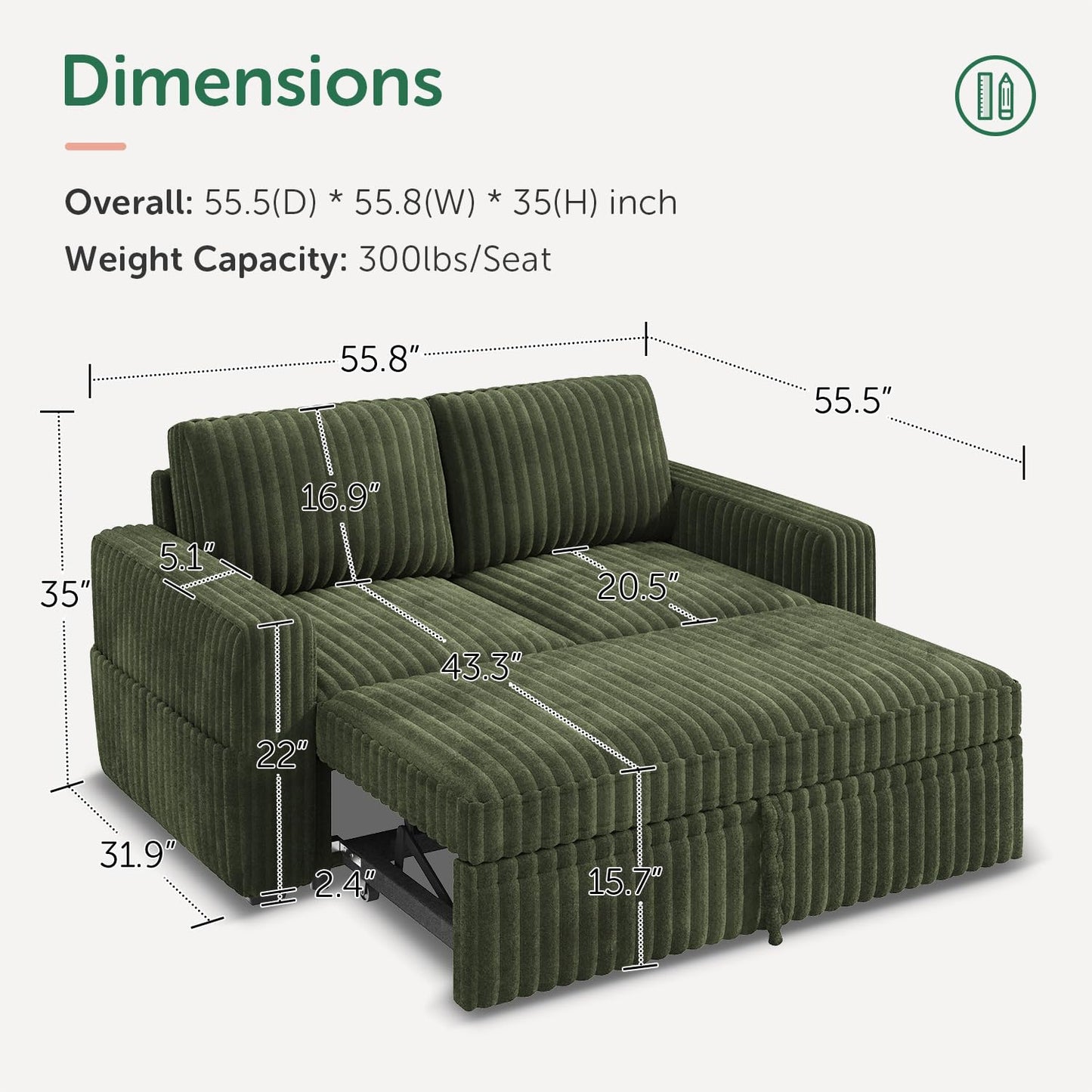 HONBAY Modular Pull Out Sofa Bed,Corduroy Loveseat, Couches for Living Room,Green
